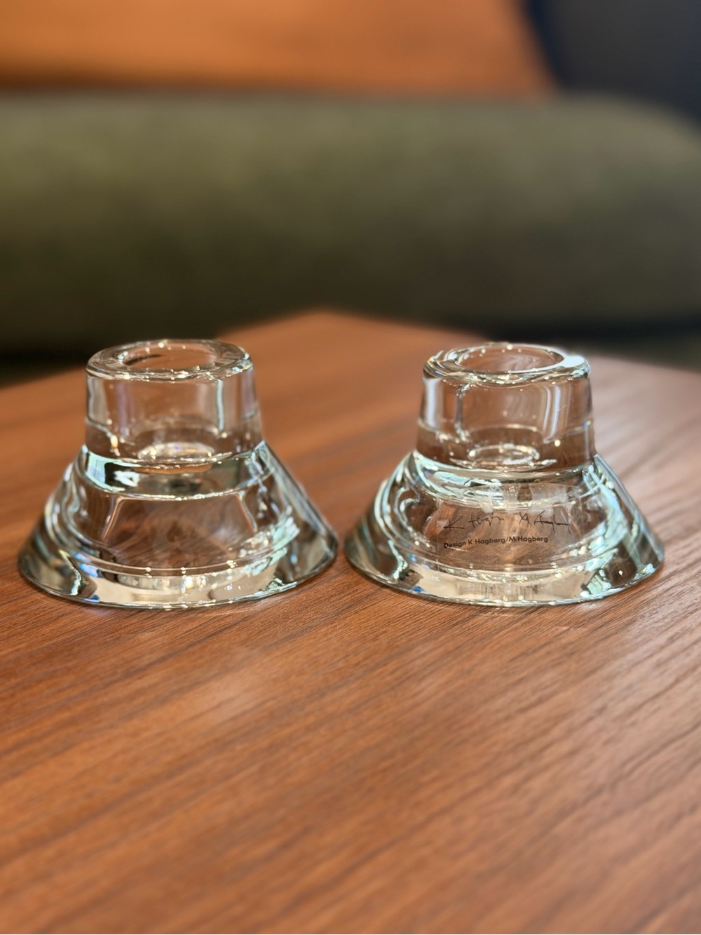 Set of 2 VTG MCM Clear Glass Candlestick Holders Design K Hagberg M Hagberg